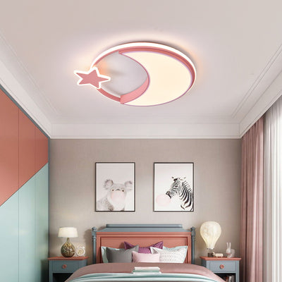 Modern Minimalist Kids Star Moon Round Iron Acrylic LED Flush Mount Ceiling Light For Bedroom