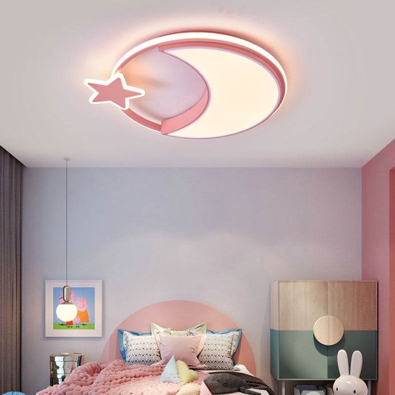 Modern Minimalist Kids Star Moon Round Iron Acrylic LED Flush Mount Ceiling Light For Bedroom