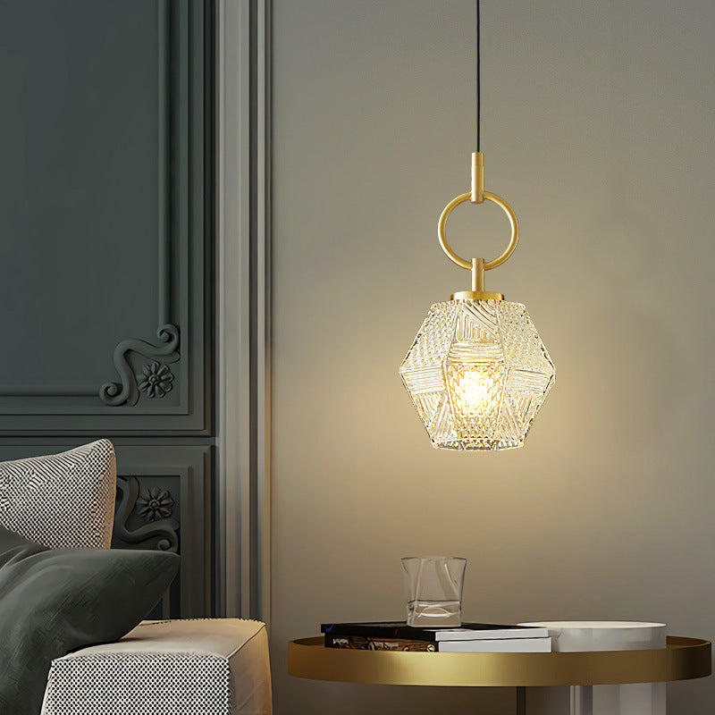 Modern Minimalist Hexagonal Full Brass Frame Glass Shade 1-Light Pendant Light For Bedroom