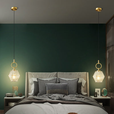 Modern Minimalist Hexagonal Full Brass Frame Glass Shade 1-Light Pendant Light For Bedroom