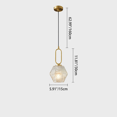 Modern Minimalist Hexagonal Full Brass Frame Glass Shade 1-Light Pendant Light For Bedroom