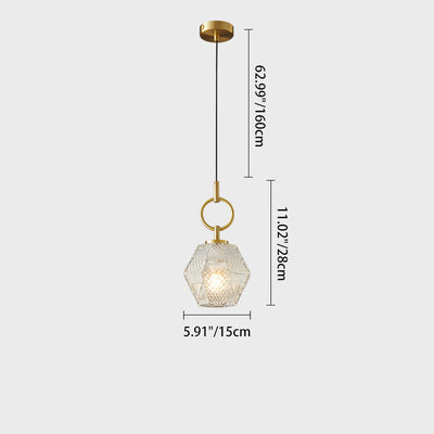 Modern Minimalist Hexagonal Full Brass Frame Glass Shade 1-Light Pendant Light For Bedroom