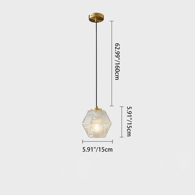 Modern Minimalist Hexagonal Full Brass Frame Glass Shade 1-Light Pendant Light For Bedroom