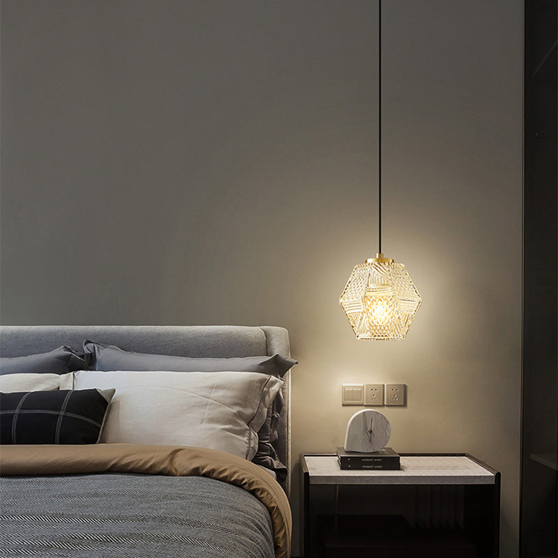 Modern Minimalist Hexagonal Full Brass Frame Glass Shade 1-Light Pendant Light For Bedroom