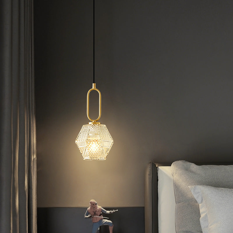 Modern Minimalist Hexagonal Full Brass Frame Glass Shade 1-Light Pendant Light For Bedroom