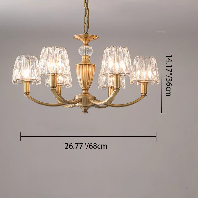 Contemporary Luxury Branch Round Trapezoidal Crystal Shade Candle Holder Full Brass Frame 6/8 Light Chandelier For Living Room