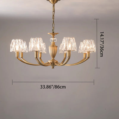 Contemporary Luxury Branch Round Trapezoidal Crystal Shade Candle Holder Full Brass Frame 6/8 Light Chandelier For Living Room