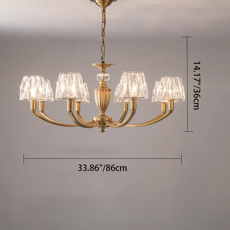 Contemporary Luxury Branch Round Trapezoidal Crystal Shade Candle Holder Full Brass Frame 6/8 Light Chandelier For Living Room