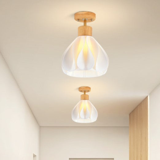 Contemporary Creative Round Petal Shape Rubber Wood 3D Printed Shade 1-Light Semi-Flush Mount Ceiling Light For Hallway