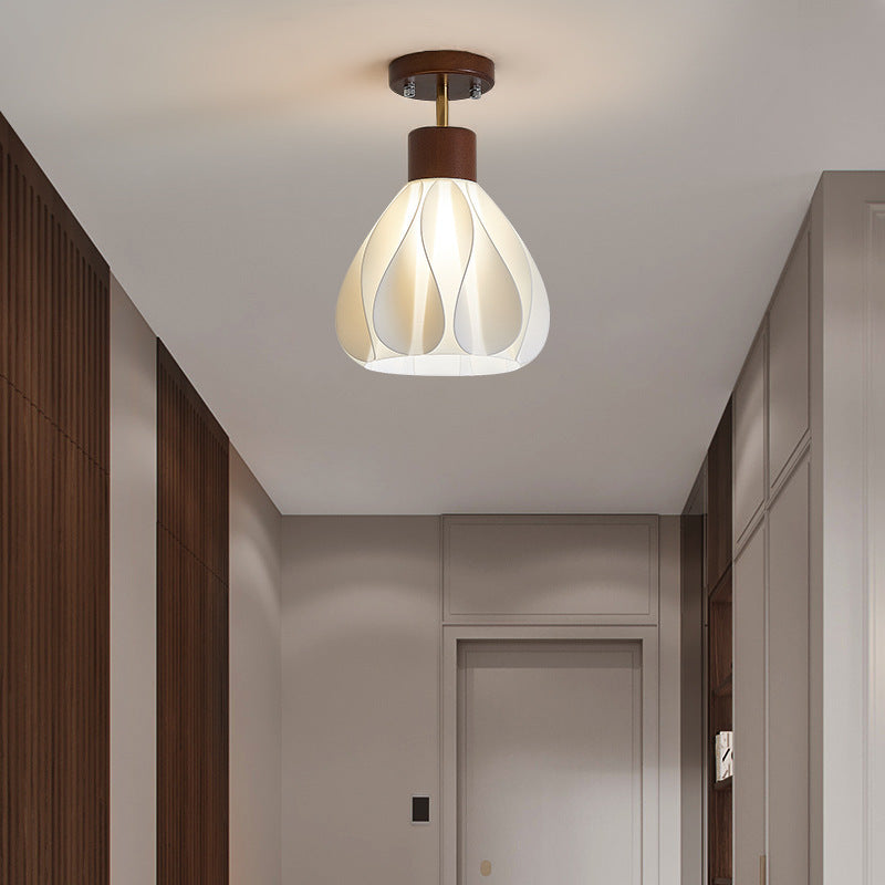 Contemporary Creative Round Petal Shape Rubber Wood 3D Printed Shade 1-Light Semi-Flush Mount Ceiling Light For Hallway