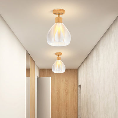 Contemporary Creative Round Petal Shape Rubber Wood 3D Printed Shade 1-Light Semi-Flush Mount Ceiling Light For Hallway