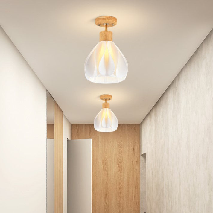 Contemporary Creative Round Petal Shape Rubber Wood 3D Printed Shade 1-Light Semi-Flush Mount Ceiling Light For Hallway