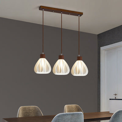 Contemporary Retro Round Petal Shape Rubber Wood 3D Printed Shade 1/3 Light Island Light Chandelier For Dining Room