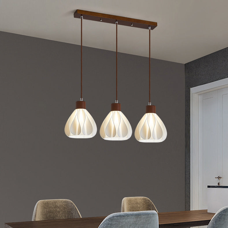 Contemporary Retro Round Petal Shape Rubber Wood 3D Printed Shade 1/3 Light Island Light Chandelier For Dining Room