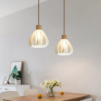 Contemporary Retro Round Petal Shape Rubber Wood 3D Printed Shade 1/3 Light Island Light Chandelier For Dining Room