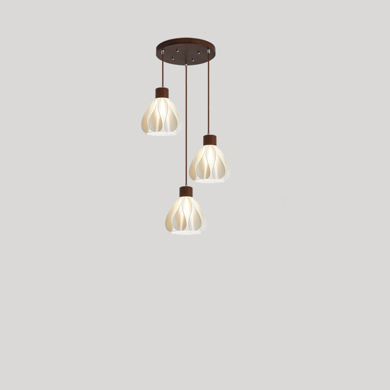 Contemporary Retro Round Petal Shape Rubber Wood 3D Printed Shade 1/3 Light Island Light Chandelier For Dining Room