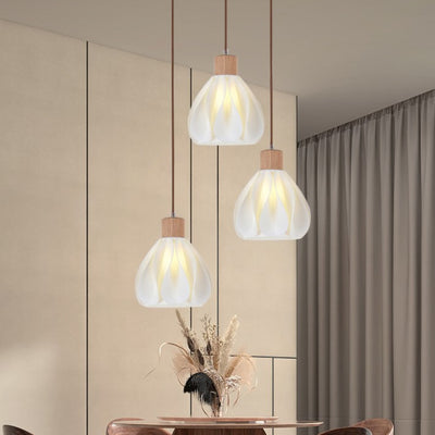 Contemporary Retro Round Petal Shape Rubber Wood 3D Printed Shade 1/3 Light Island Light Chandelier For Dining Room