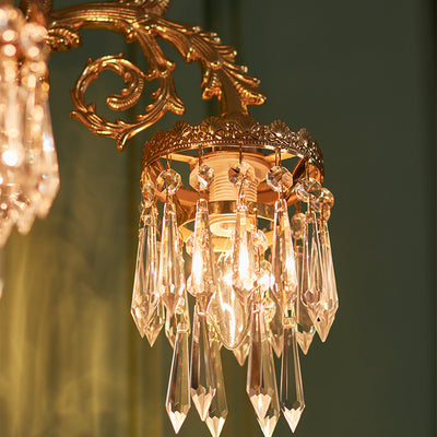 Traditional French Petal Leaf Carved Brass Frame Crystal Shade 1/2 Light Wall Sconce Lamp For Living Room