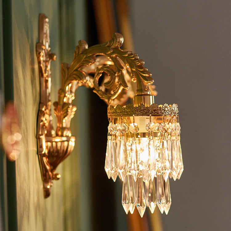 Traditional French Petal Leaf Carved Brass Frame Crystal Shade 1/2 Light Wall Sconce Lamp For Living Room