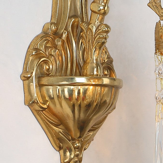 Traditional French Petal Leaf Carved Brass Frame Crystal Shade 1/2 Light Wall Sconce Lamp For Living Room