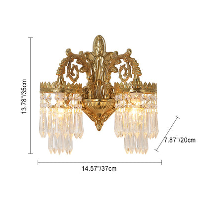 Traditional French Petal Leaf Carved Brass Frame Crystal Shade 1/2 Light Wall Sconce Lamp For Living Room