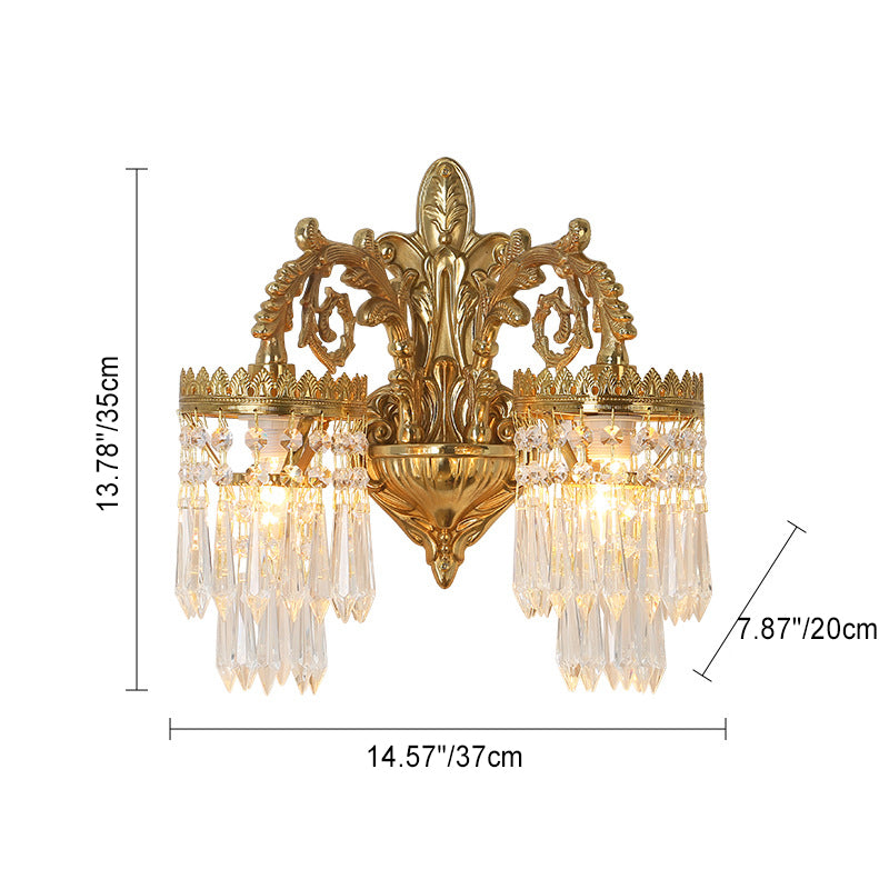 Traditional French Petal Leaf Carved Brass Frame Crystal Shade 1/2 Light Wall Sconce Lamp For Living Room