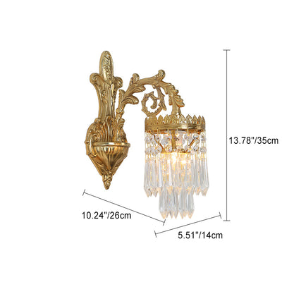 Traditional French Petal Leaf Carved Brass Frame Crystal Shade 1/2 Light Wall Sconce Lamp For Living Room