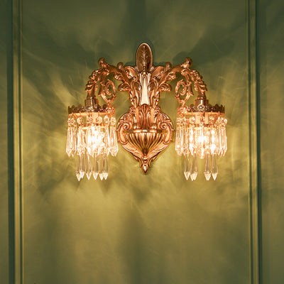 Traditional French Petal Leaf Carved Brass Frame Crystal Shade 1/2 Light Wall Sconce Lamp For Living Room