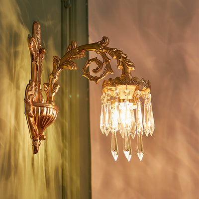 Traditional French Petal Leaf Carved Brass Frame Crystal Shade 1/2 Light Wall Sconce Lamp For Living Room