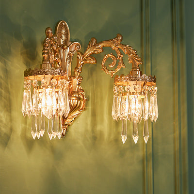 Traditional French Petal Leaf Carved Brass Frame Crystal Shade 1/2 Light Wall Sconce Lamp For Living Room