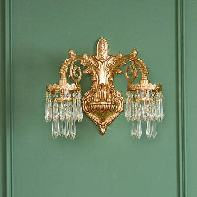 Traditional French Petal Leaf Carved Brass Frame Crystal Shade 1/2 Light Wall Sconce Lamp For Living Room