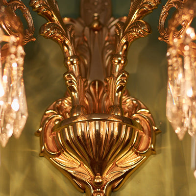 Traditional French Petal Leaf Carved Brass Frame Crystal Shade 1/2 Light Wall Sconce Lamp For Living Room