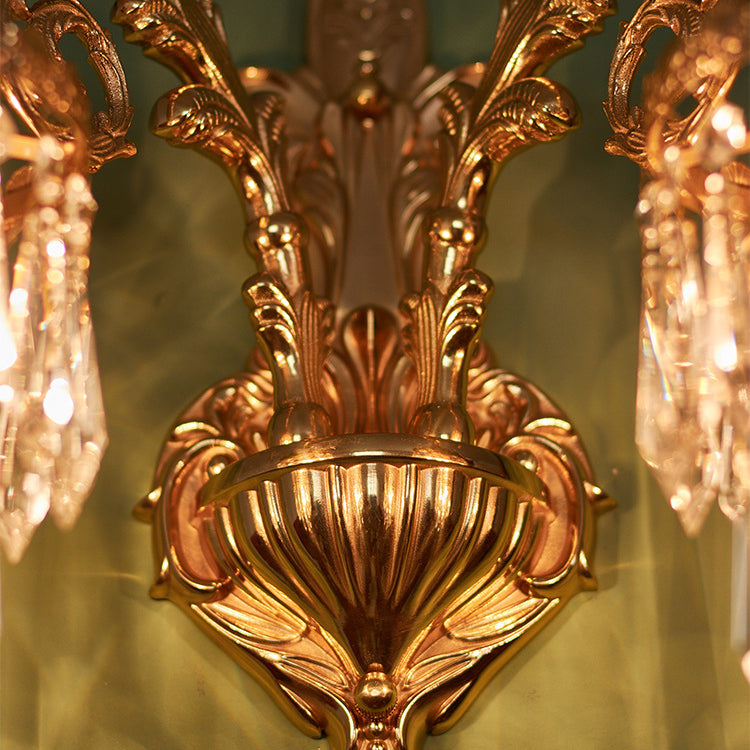 Traditional French Petal Leaf Carved Brass Frame Crystal Shade 1/2 Light Wall Sconce Lamp For Living Room