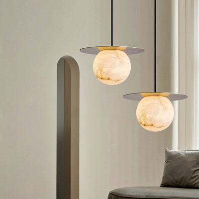 Contemporary Scandinavian Round Globe Full Copper Marble 1-Light Pendant Light For Living Room