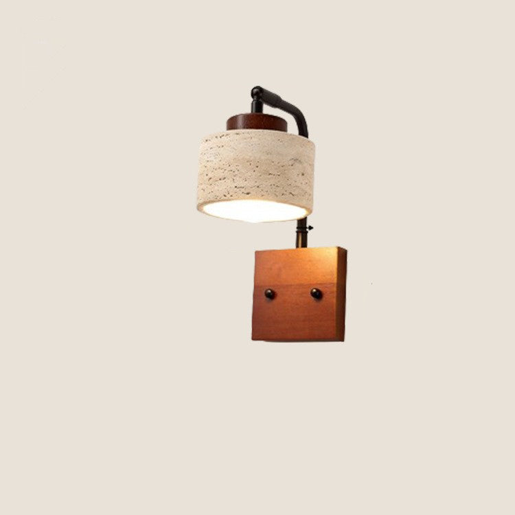 Traditional Japanese Cylinder Yellow Travertine Shade Square Solid Wooden Base Iron 1-Light Wall Sconce Lamp For Bedroom