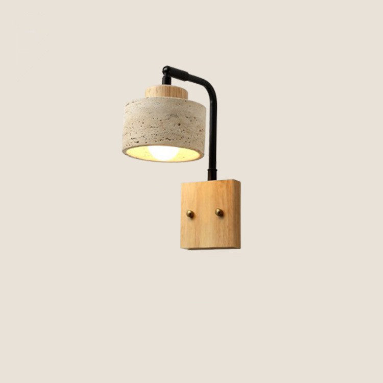 Traditional Japanese Cylinder Yellow Travertine Shade Square Solid Wooden Base Iron 1-Light Wall Sconce Lamp For Bedroom