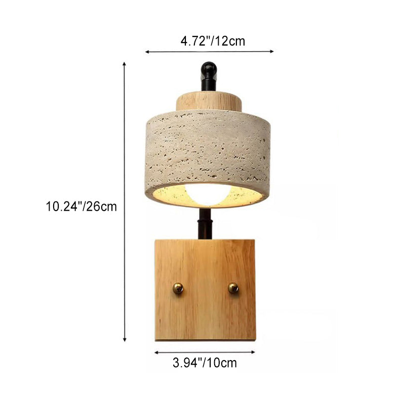 Traditional Japanese Cylinder Yellow Travertine Shade Square Solid Wooden Base Iron 1-Light Wall Sconce Lamp For Bedroom