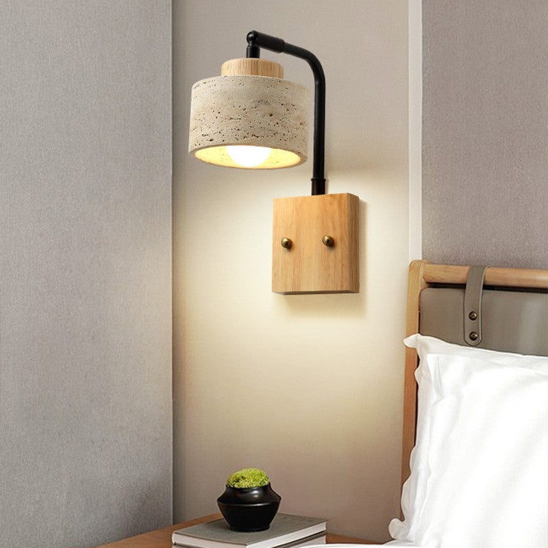 Traditional Japanese Cylinder Yellow Travertine Shade Square Solid Wooden Base Iron 1-Light Wall Sconce Lamp For Bedroom