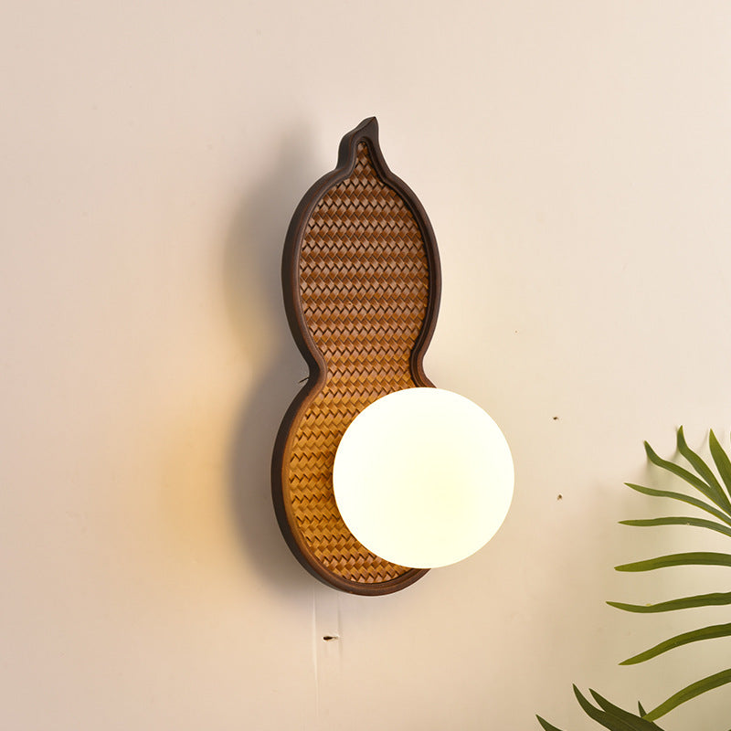 Contemporary Retro Irregular Oval Gourd Shape Orb Solid Wood Glass Shade 1-Light Wall Sconce Lamp For Living Room