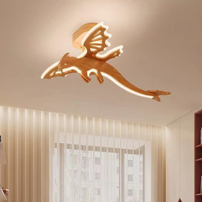 Contemporary Creative Kids Dinosaur Solid Wood Iron Acrylic LED Semi-Flush Mount Ceiling Light For Bedroom