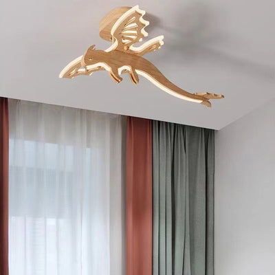 Contemporary Creative Kids Dinosaur Solid Wood Iron Acrylic LED Semi-Flush Mount Ceiling Light For Bedroom