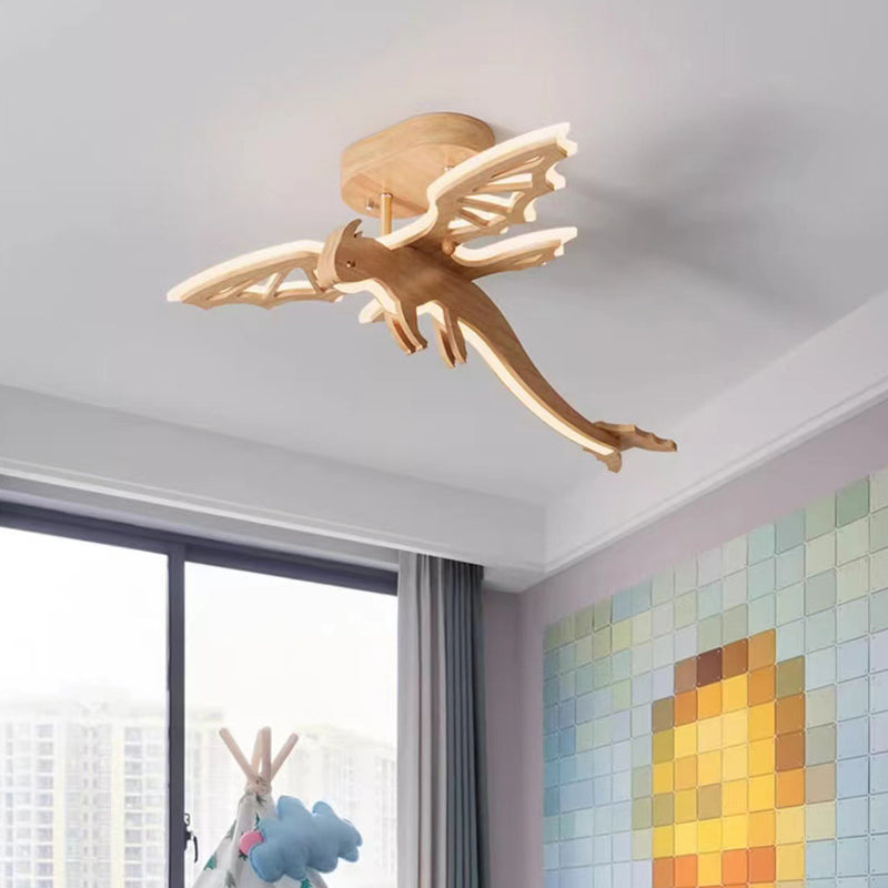 Contemporary Creative Kids Dinosaur Solid Wood Iron Acrylic LED Semi-Flush Mount Ceiling Light For Bedroom