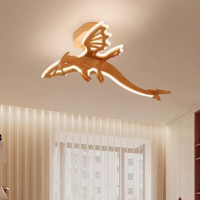 Contemporary Creative Kids Dinosaur Solid Wood Iron Acrylic LED Semi-Flush Mount Ceiling Light For Bedroom