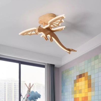 Contemporary Creative Kids Dinosaur Solid Wood Iron Acrylic LED Semi-Flush Mount Ceiling Light For Bedroom