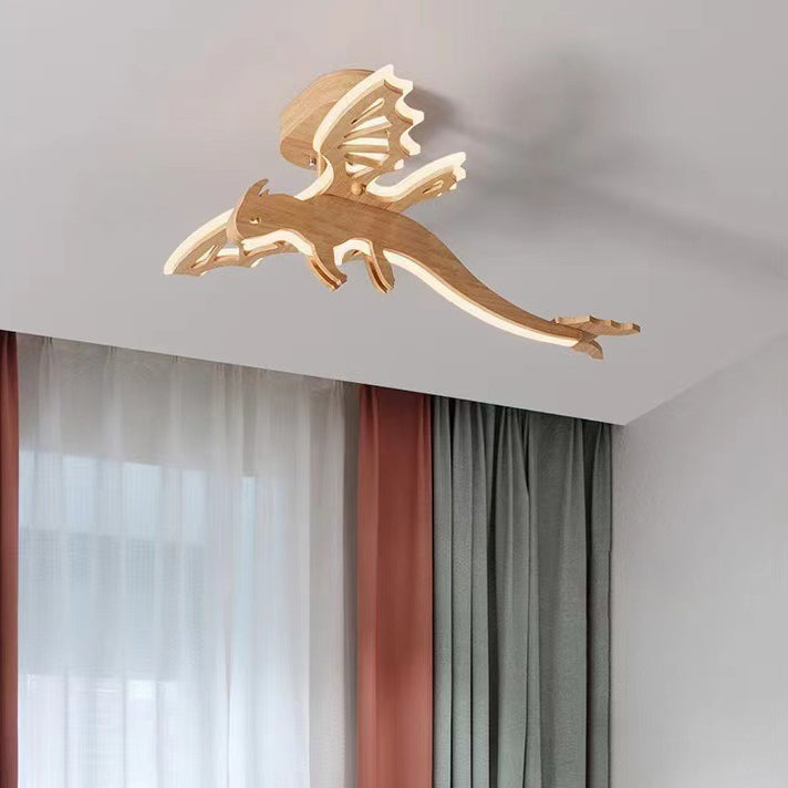 Contemporary Creative Kids Dinosaur Solid Wood Iron Acrylic LED Semi-Flush Mount Ceiling Light For Bedroom