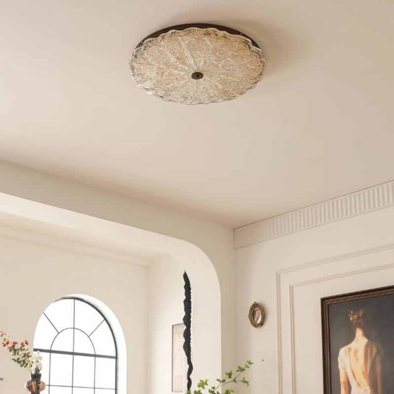 Contemporary Retro Round Lace Gold Foil Iron Resin LED Flush Mount Ceiling Light For Living Room