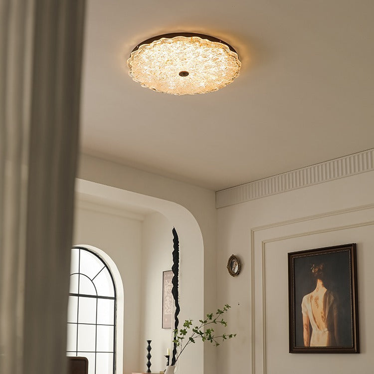 Contemporary Retro Round Lace Gold Foil Iron Resin LED Flush Mount Ceiling Light For Living Room