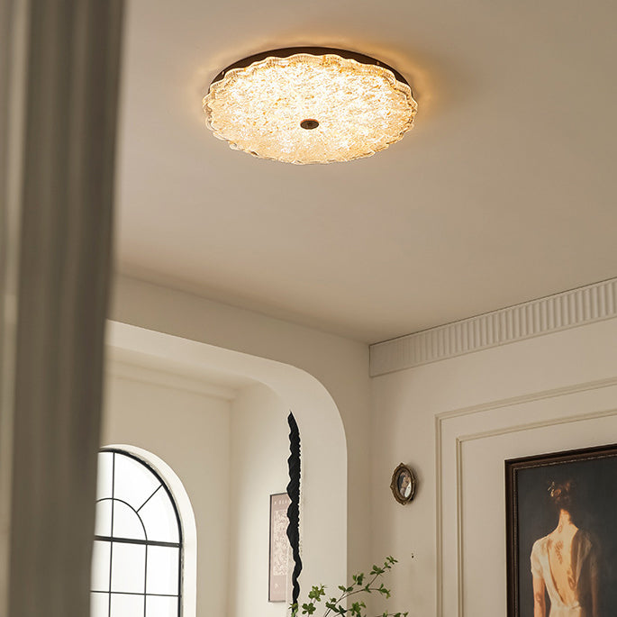 Contemporary Retro Round Lace Gold Foil Iron Resin LED Flush Mount Ceiling Light For Living Room