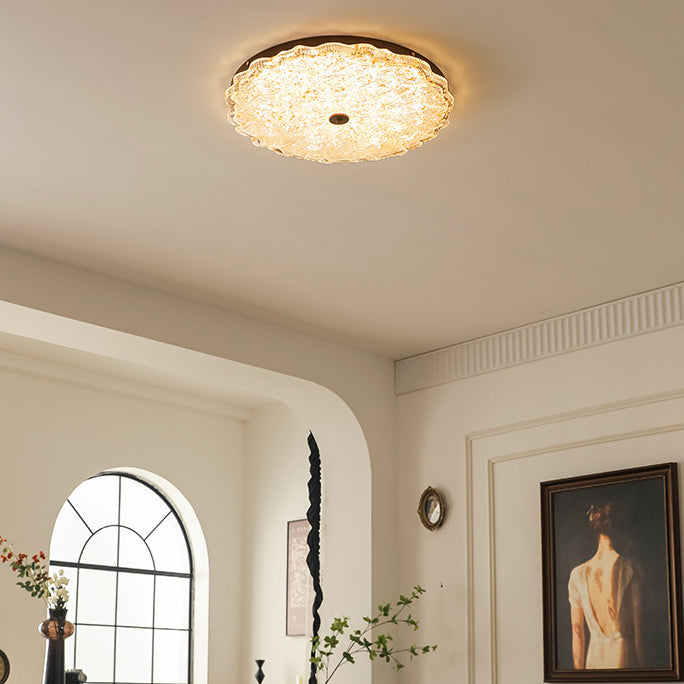 Contemporary Retro Round Lace Gold Foil Iron Resin LED Flush Mount Ceiling Light For Living Room