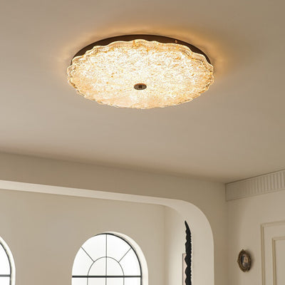 Contemporary Retro Round Lace Gold Foil Iron Resin LED Flush Mount Ceiling Light For Living Room